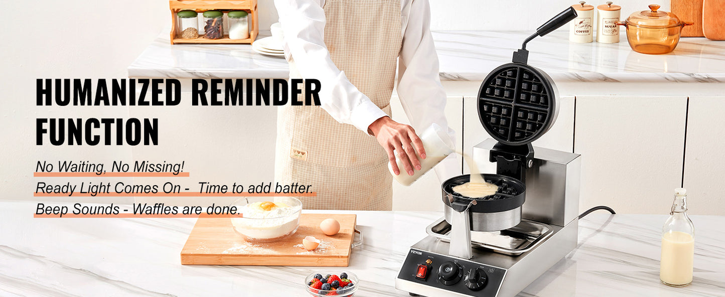 SucceBuy Electric Waffle Maker Stainless Steel Round Waffle Iron Non-Stick Waffle Baker Machine Teflon-Coated Baking Pans.