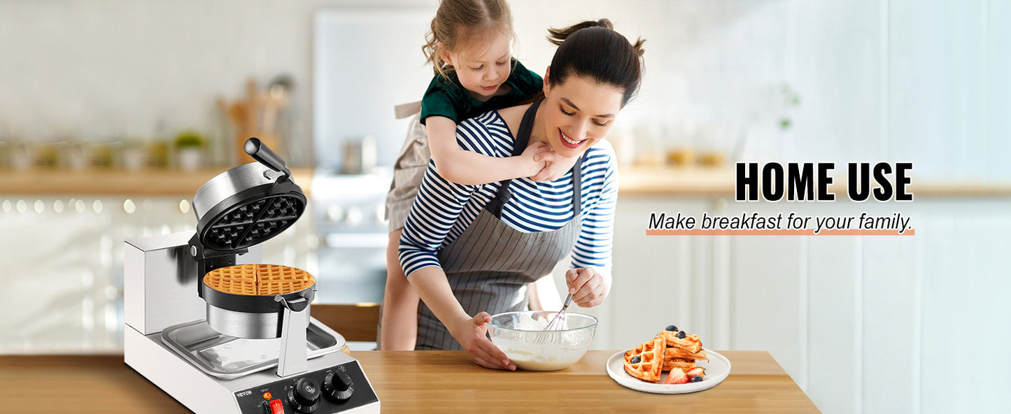 SucceBuy Electric Waffle Maker Stainless Steel Round Waffle Iron Non-Stick Waffle Baker Machine Teflon-Coated Baking Pans.