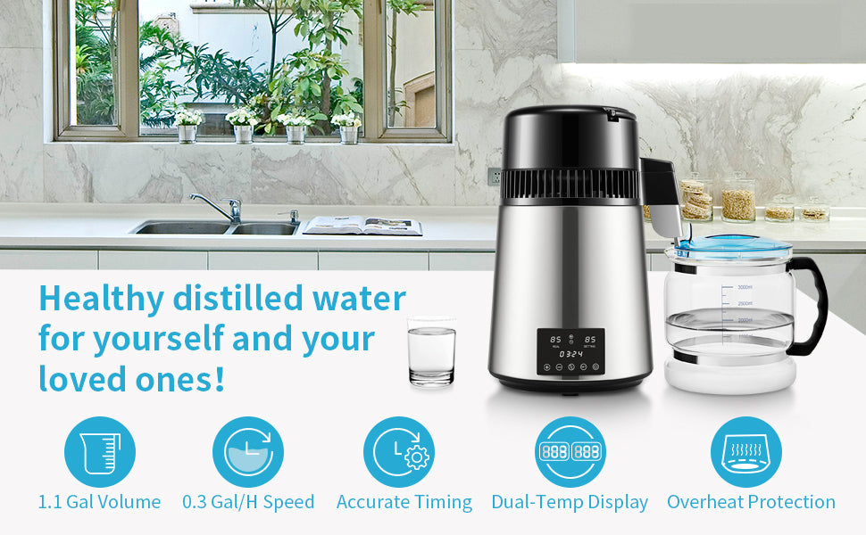 SucceBuy 4L Water Distiller Purifier Filter Dispenser Drinking Bottle Softener Temp Display Overheat Protection Home Appliance.