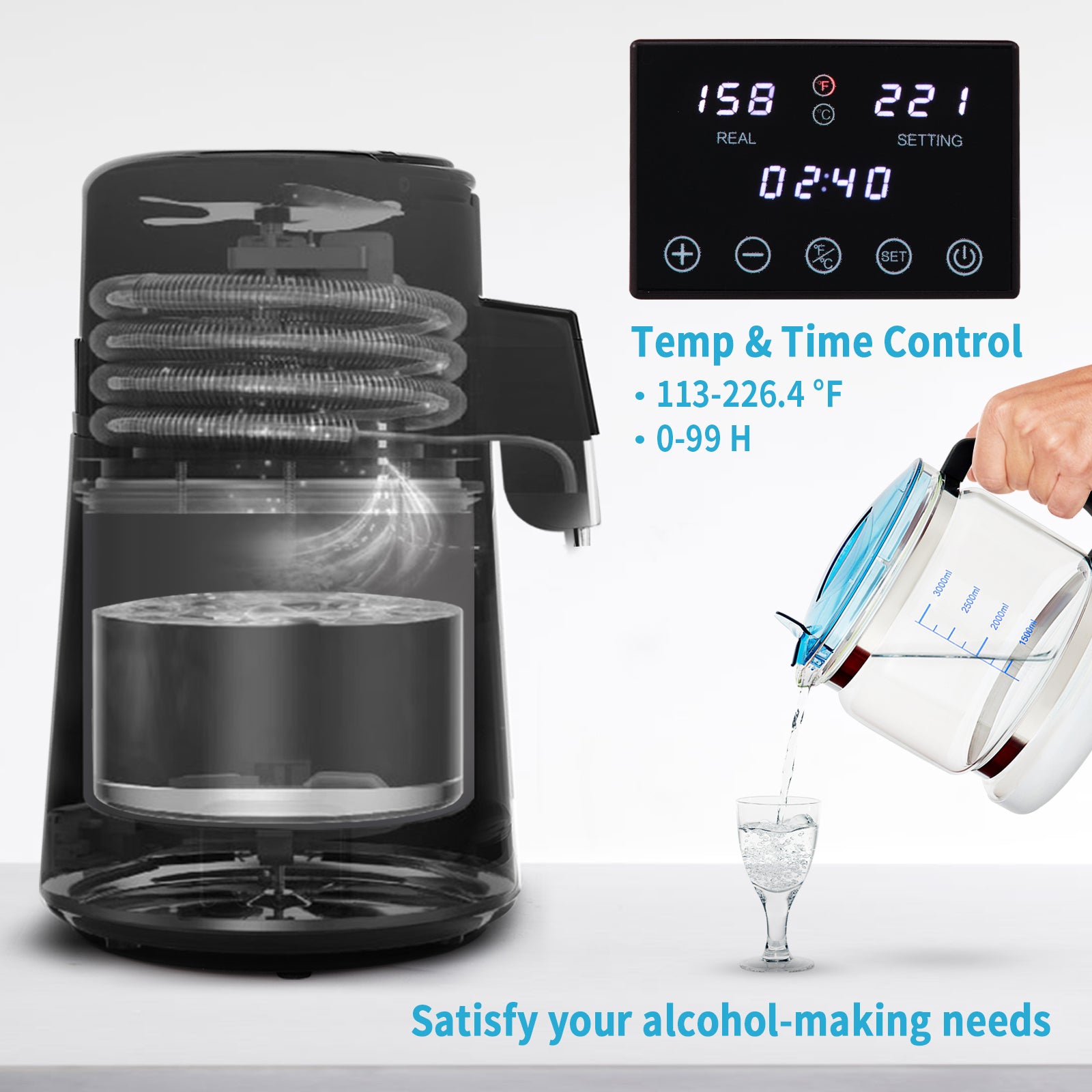 SucceBuy 1.5L/H Distilling Speed 4L Water Distiller Treatmen Purifier Filter Touch Screen Time Setting 304 Stainless Home Use.